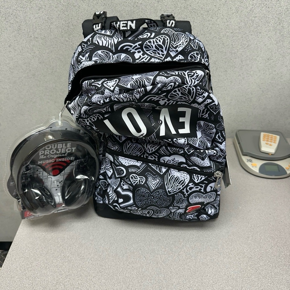 NWT Seven Backpack Black White Doodle Love & Wireless Headphones